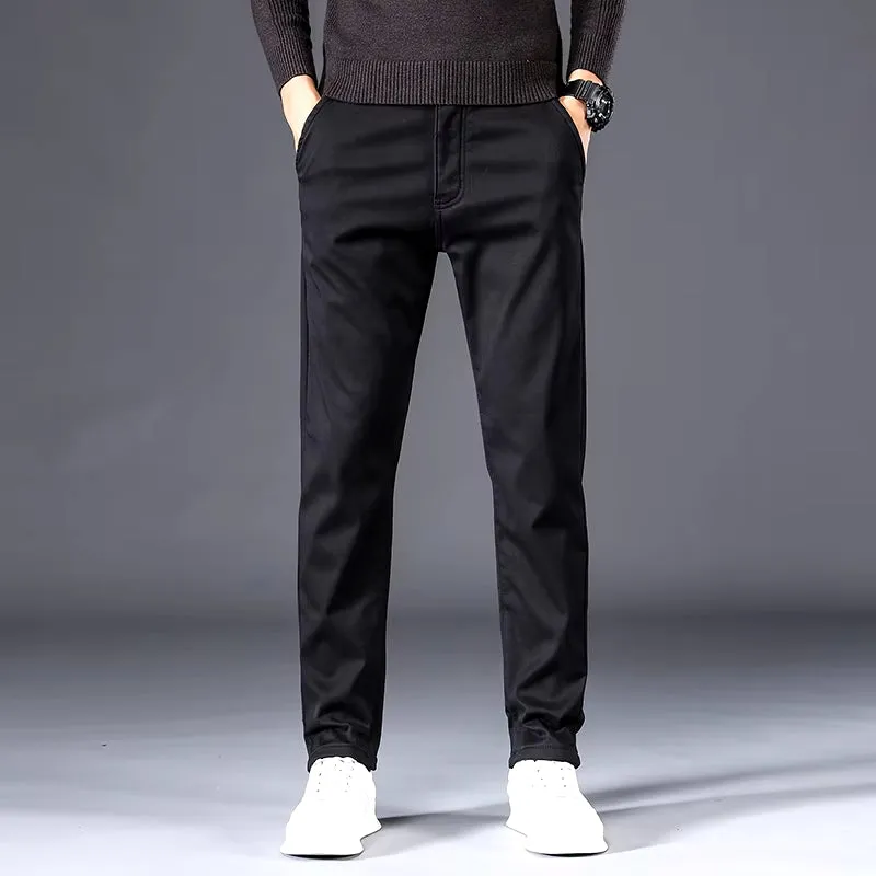 2022 Winter New Men'S Warm Thick Casual Pants Business Fashion Black Blue Stretch Fleece Office Slim Trousers Male Brand