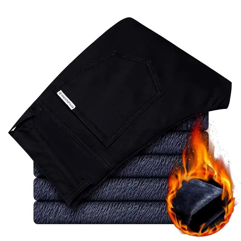 2022 Winter New Men'S Warm Thick Casual Pants Business Fashion Black Blue Stretch Fleece Office Slim Trousers Male Brand