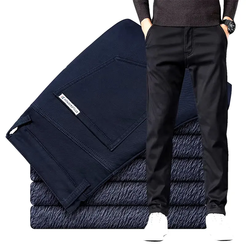 2022 Winter New Men'S Warm Thick Casual Pants Business Fashion Black Blue Stretch Fleece Office Slim Trousers Male Brand