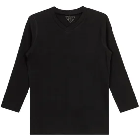 24/7 Black Wide Ribbed 3/4 Sleeve V Neck Tee SB2CM7936T