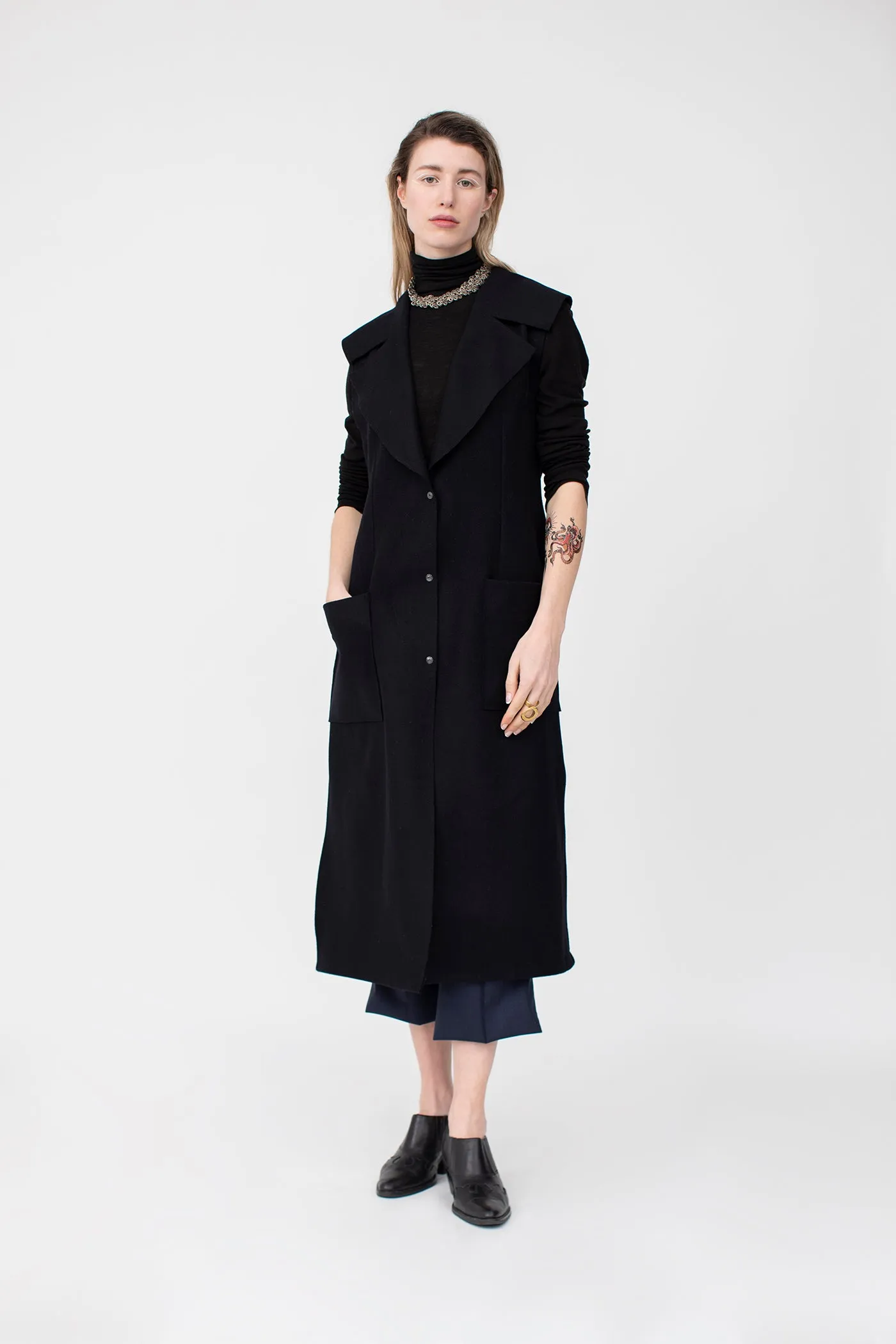 3 in 1 Trench Coat in Magee’s navy tweed & contrast black melton raw edge 100% wool