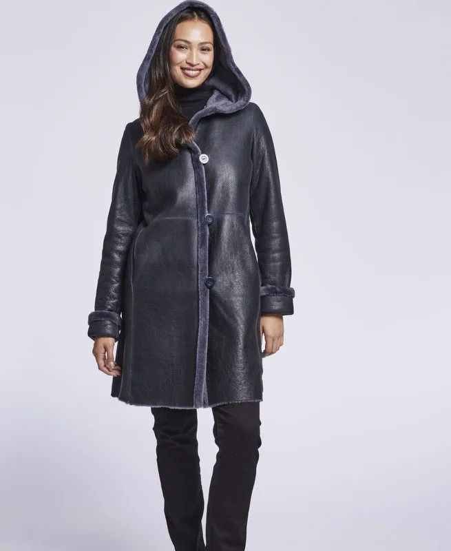 #6169 Hooded Reversible Shearling Coat