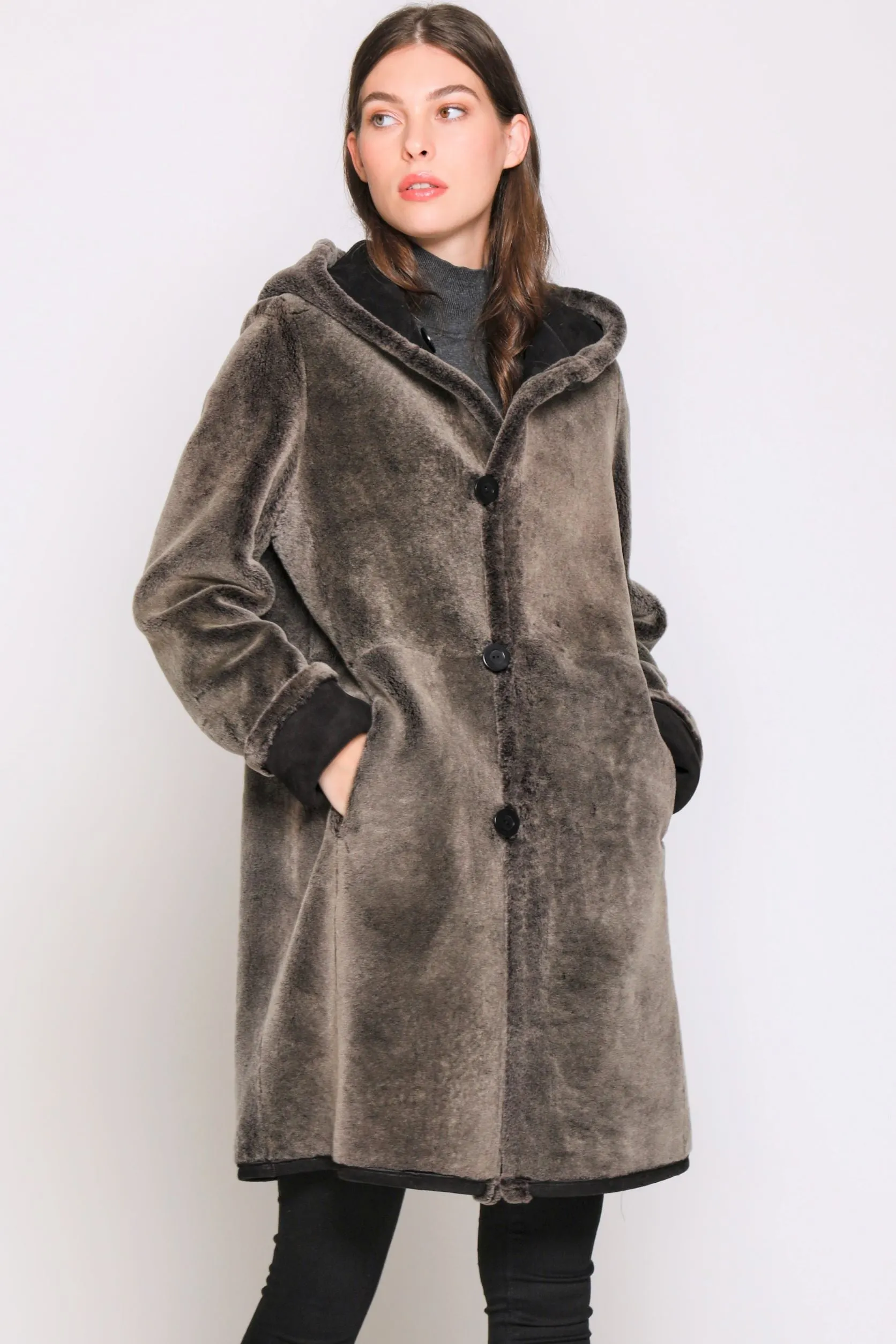 #6169 Hooded Reversible Shearling Coat