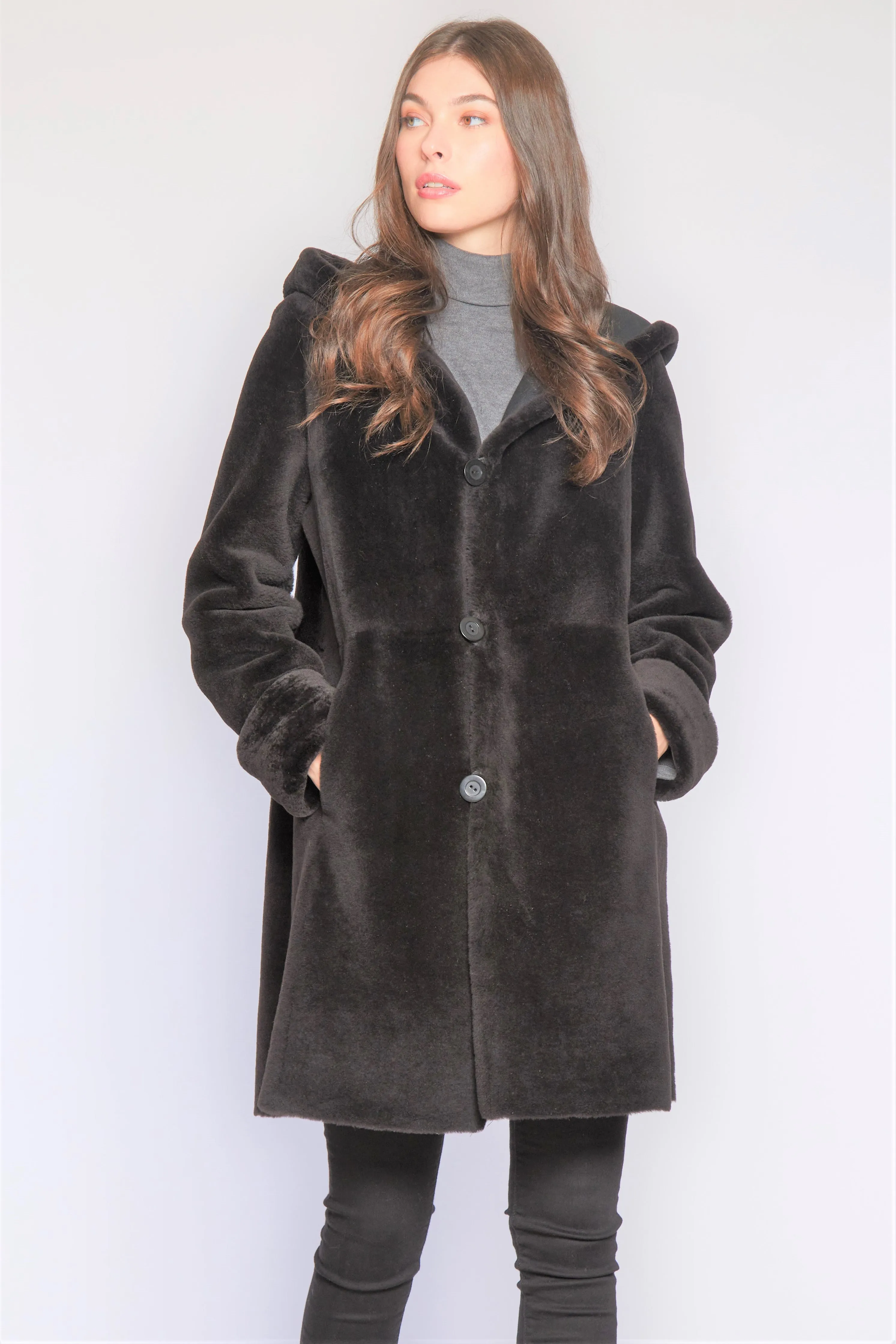 #6169 Hooded Reversible Shearling Coat