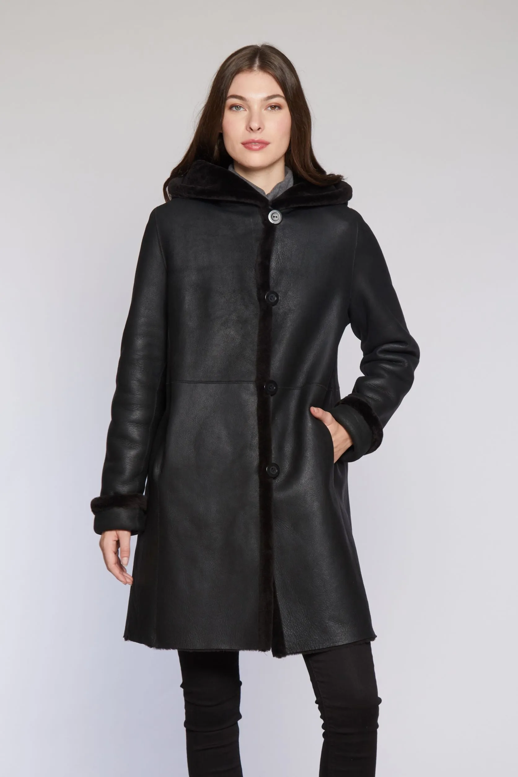 #6169 Hooded Reversible Shearling Coat