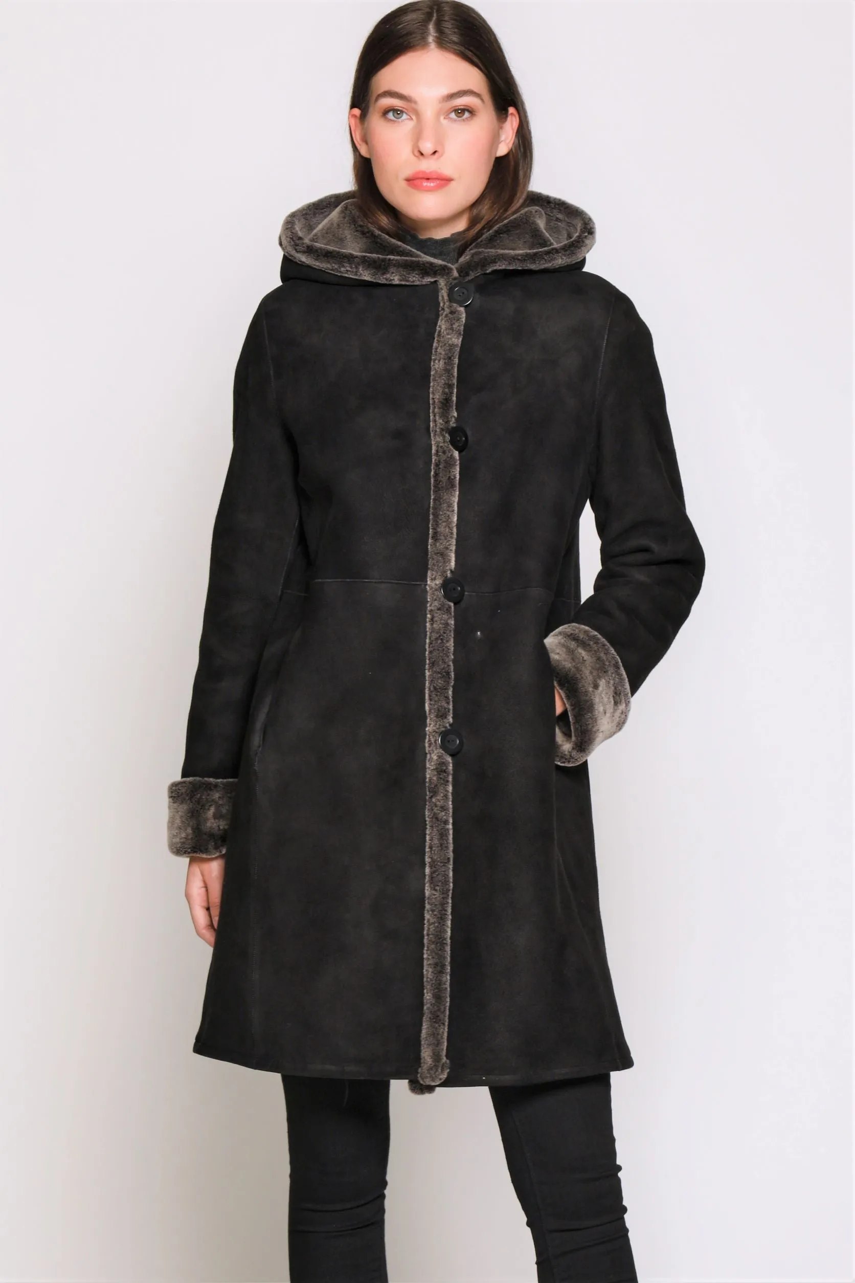 #6169 Hooded Reversible Shearling Coat