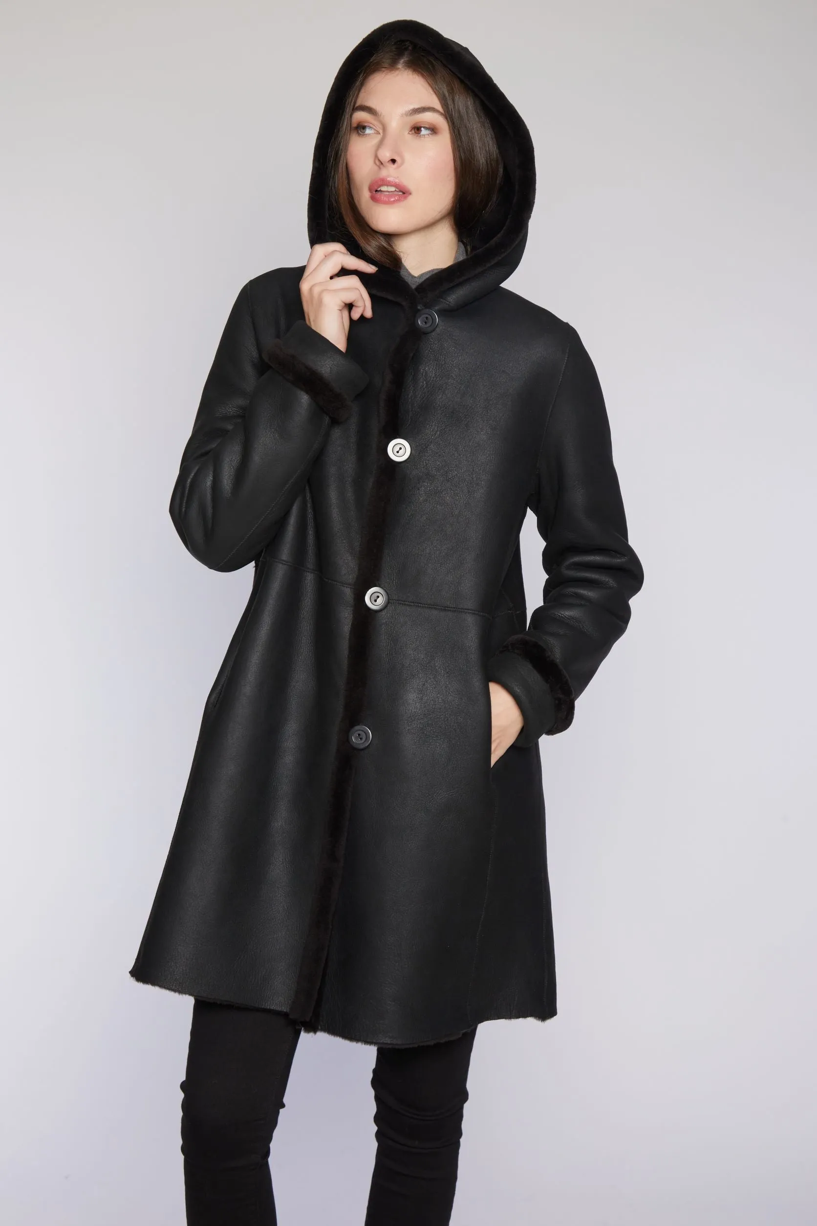 #6169 Hooded Reversible Shearling Coat