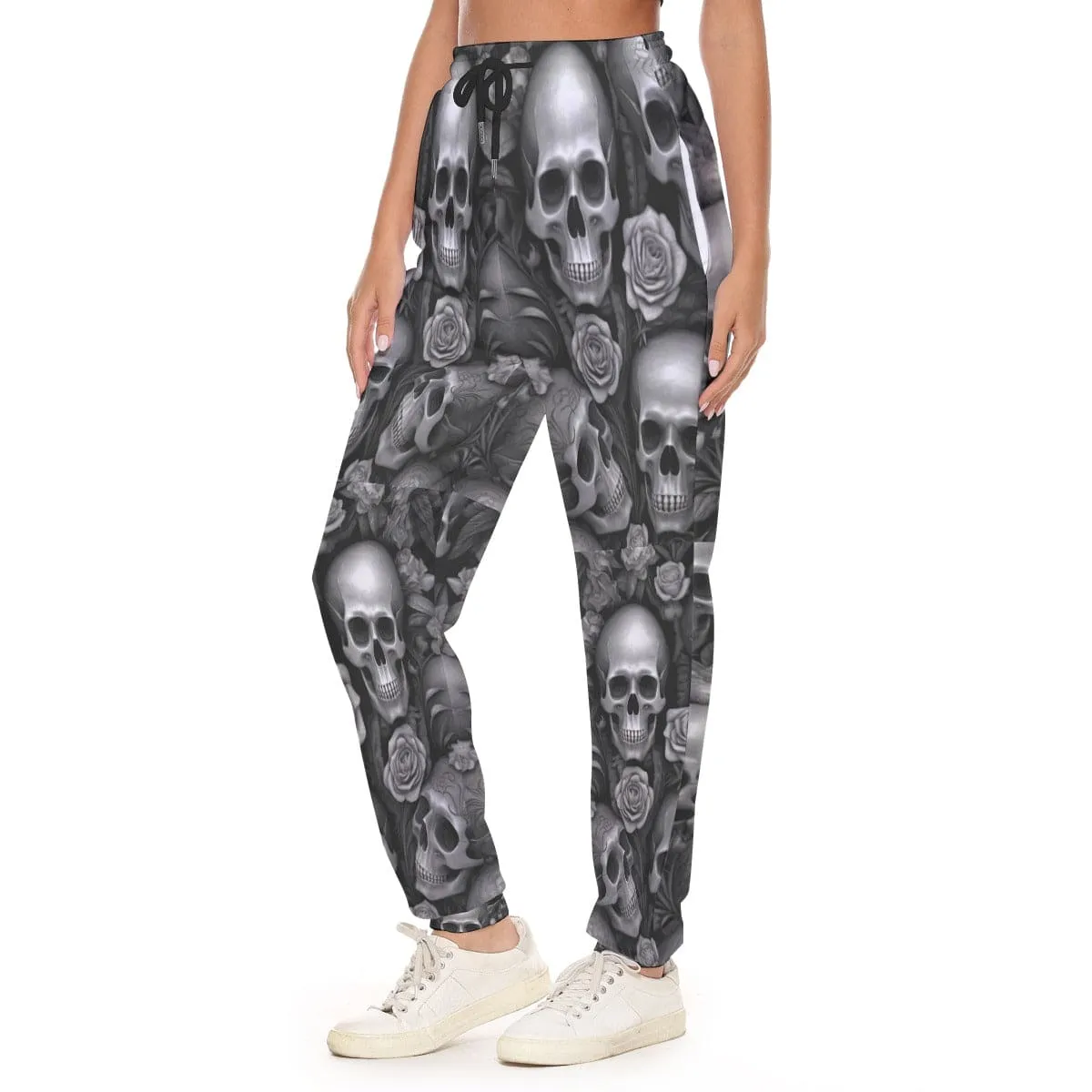 Add A Touch of Edgy And Feminine Style With Our Gray Skulls And Flowers Pants For Women