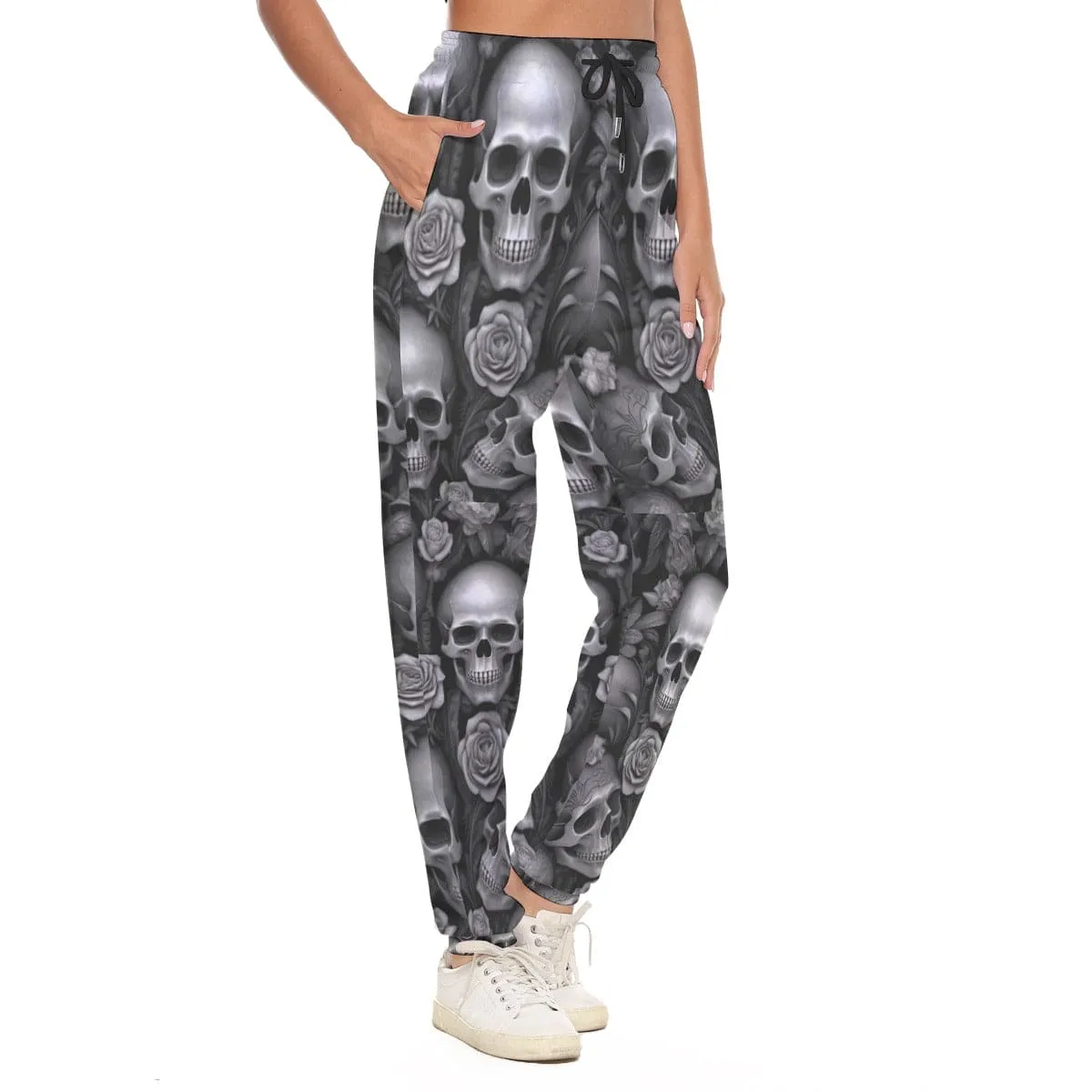 Add A Touch of Edgy And Feminine Style With Our Gray Skulls And Flowers Pants For Women