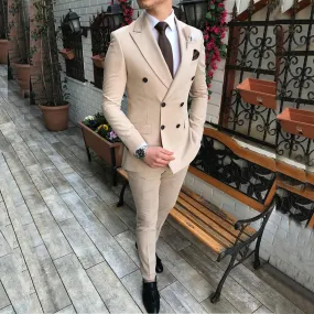 Aidase New Beige Men's Suit 2 Pieces Double-Breasted Notch Lapel Flat Slim Fit Casual Tuxedos For Wedding(Blazer Pants)