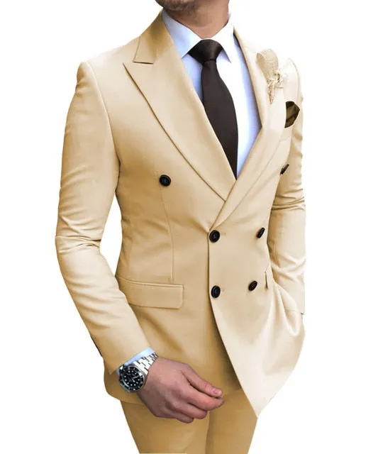 Aidase New Beige Men's Suit 2 Pieces Double-Breasted Notch Lapel Flat Slim Fit Casual Tuxedos For Wedding(Blazer Pants)