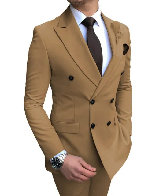 Aidase New Beige Men's Suit 2 Pieces Double-Breasted Notch Lapel Flat Slim Fit Casual Tuxedos For Wedding(Blazer Pants)