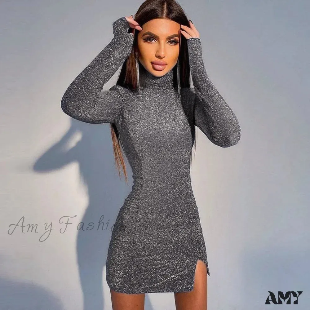 Amy Fashion - Bright Long Sleeve Solid Turtleneck Mini Dress