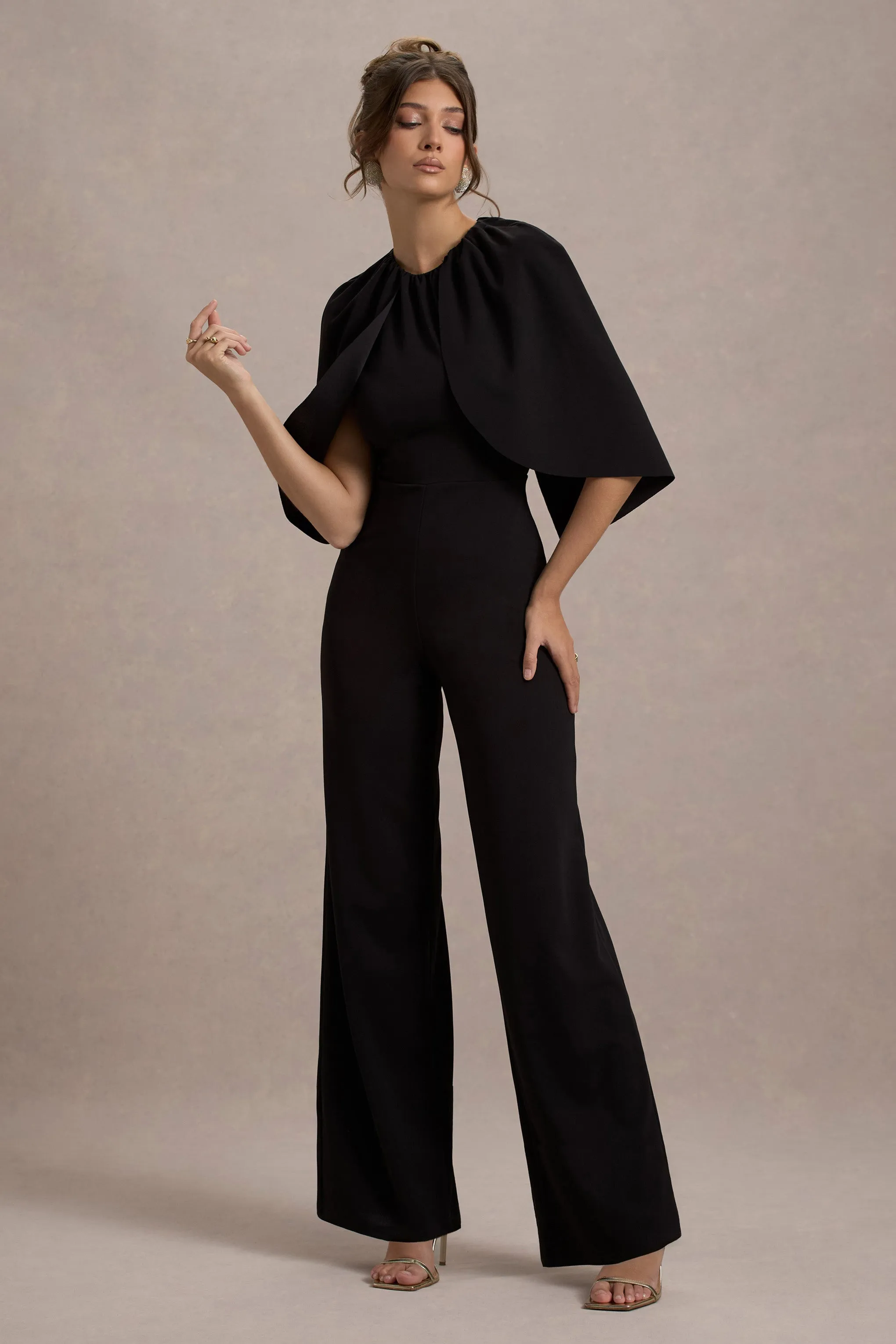 Arbor | Black Cape-Sleeve Straight-Leg Jumpsuit