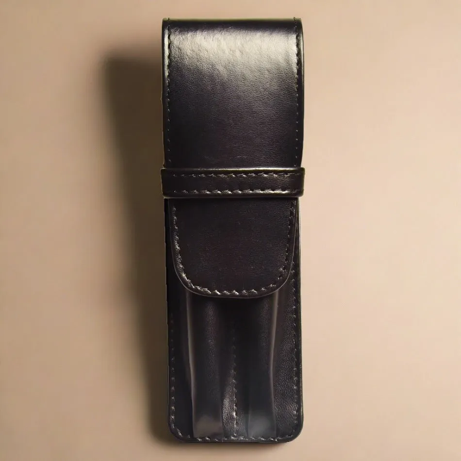 Aston Leather 2 Pen Case - Black