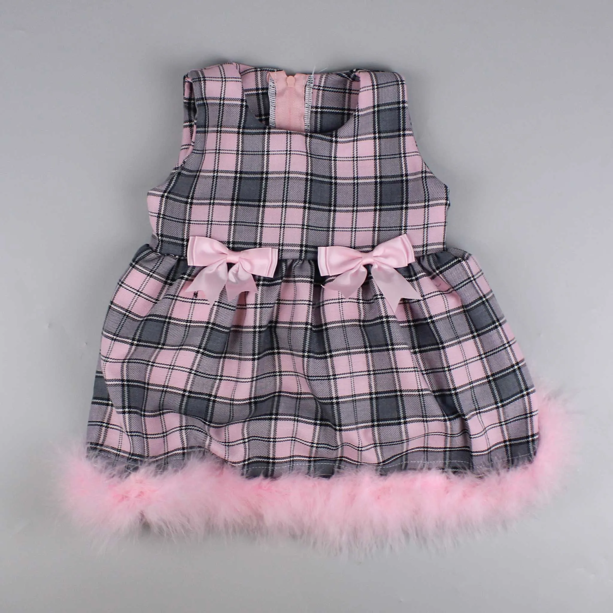 Baby Girls Pink Tartan Dress with Maribou Feather Trim