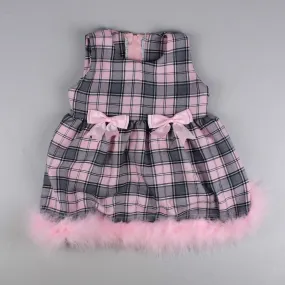 Baby Girls Pink Tartan Dress with Maribou Feather Trim