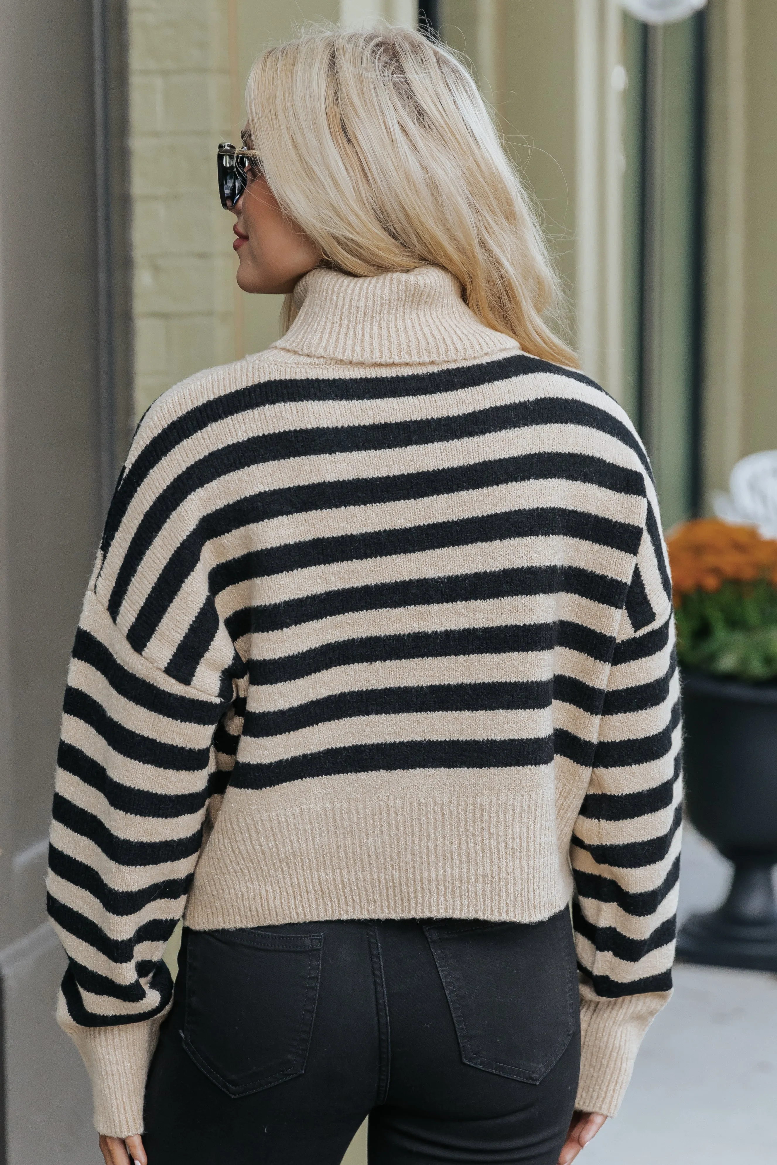 Beige and Black Striped Turtleneck Sweater