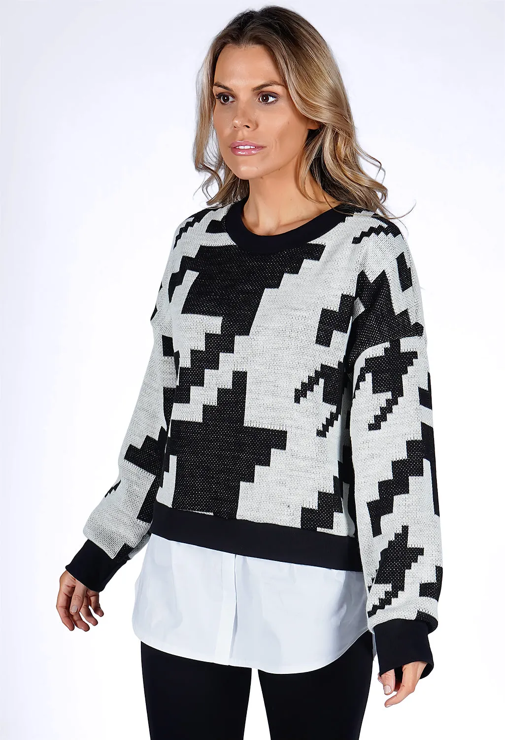 Beige Geometric Design Knit Pullover with Shirt Details