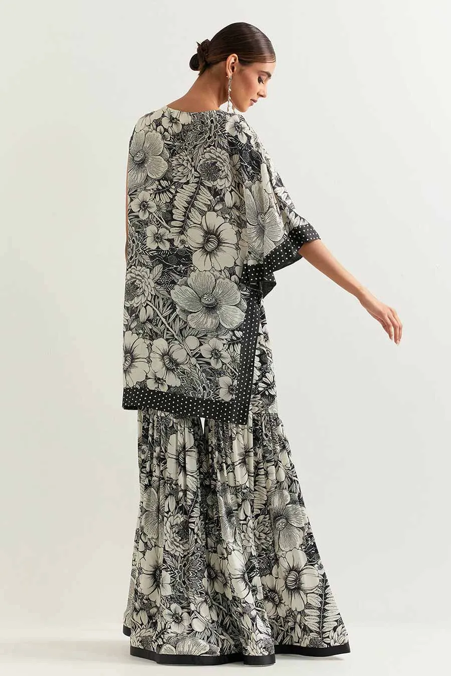 Black & White Printed Cape With Sharara