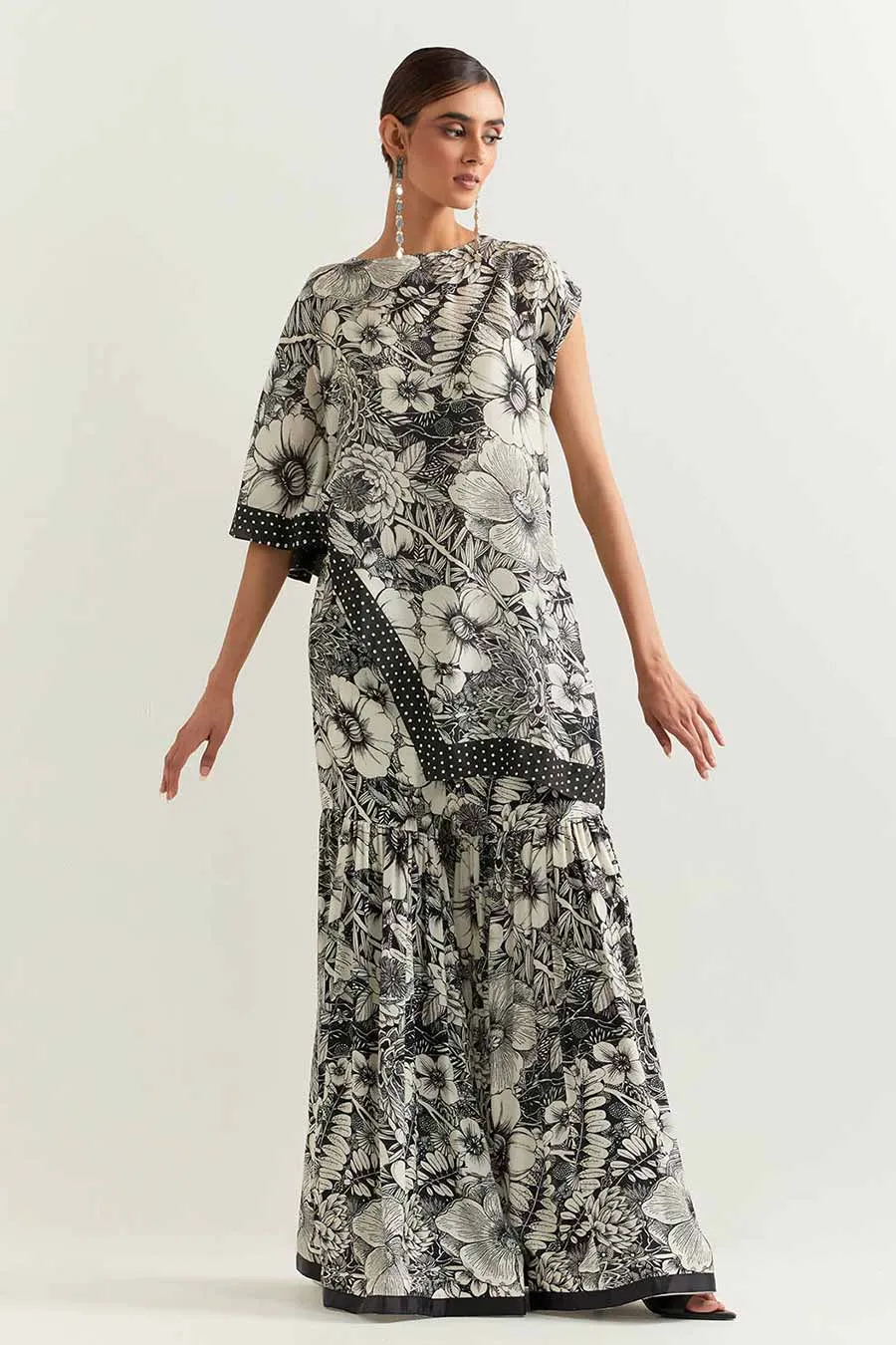 Black & White Printed Cape With Sharara