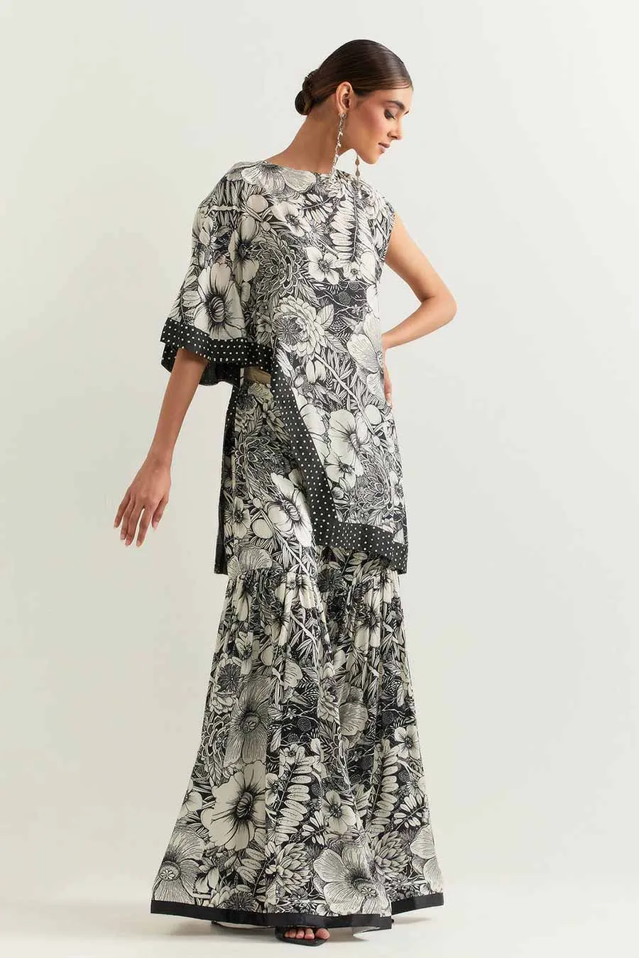 Black & White Printed Cape With Sharara