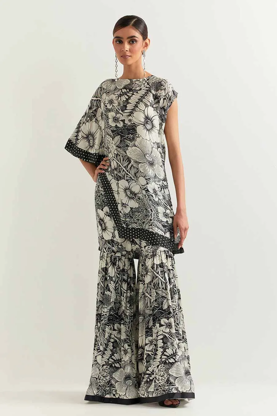 Black & White Printed Cape With Sharara