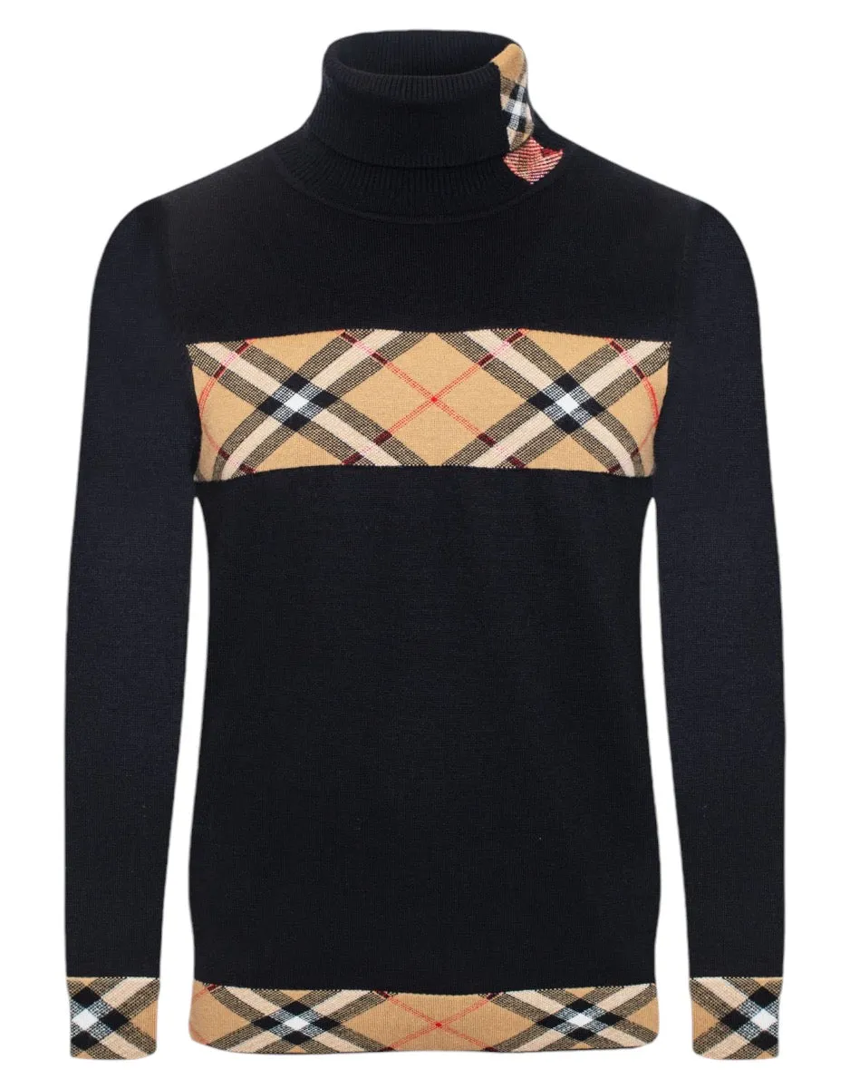 Black and Beige Plaid Burb Design Men's Turtleneck Sweater Regular-Fit SW-148