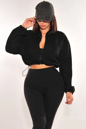 Black Drawstring Cropped Jacket