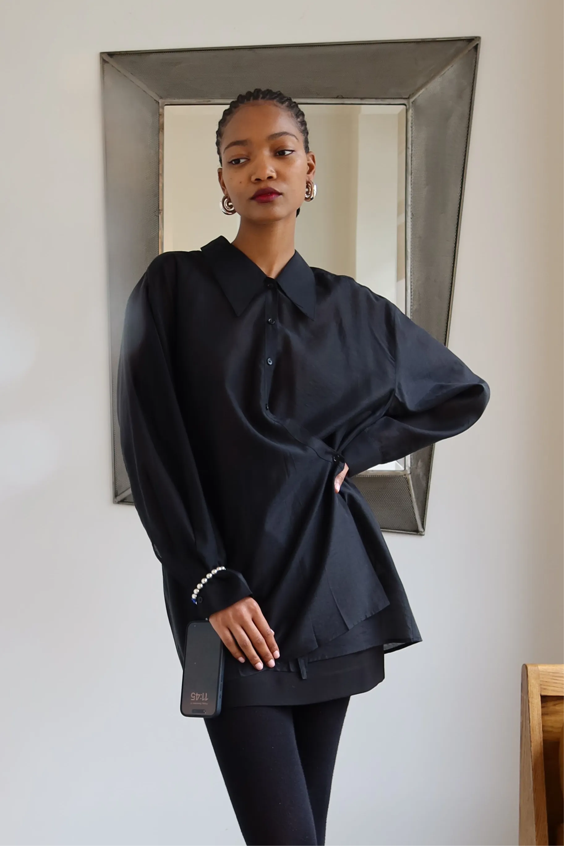 Black Organza Side Button Blouse