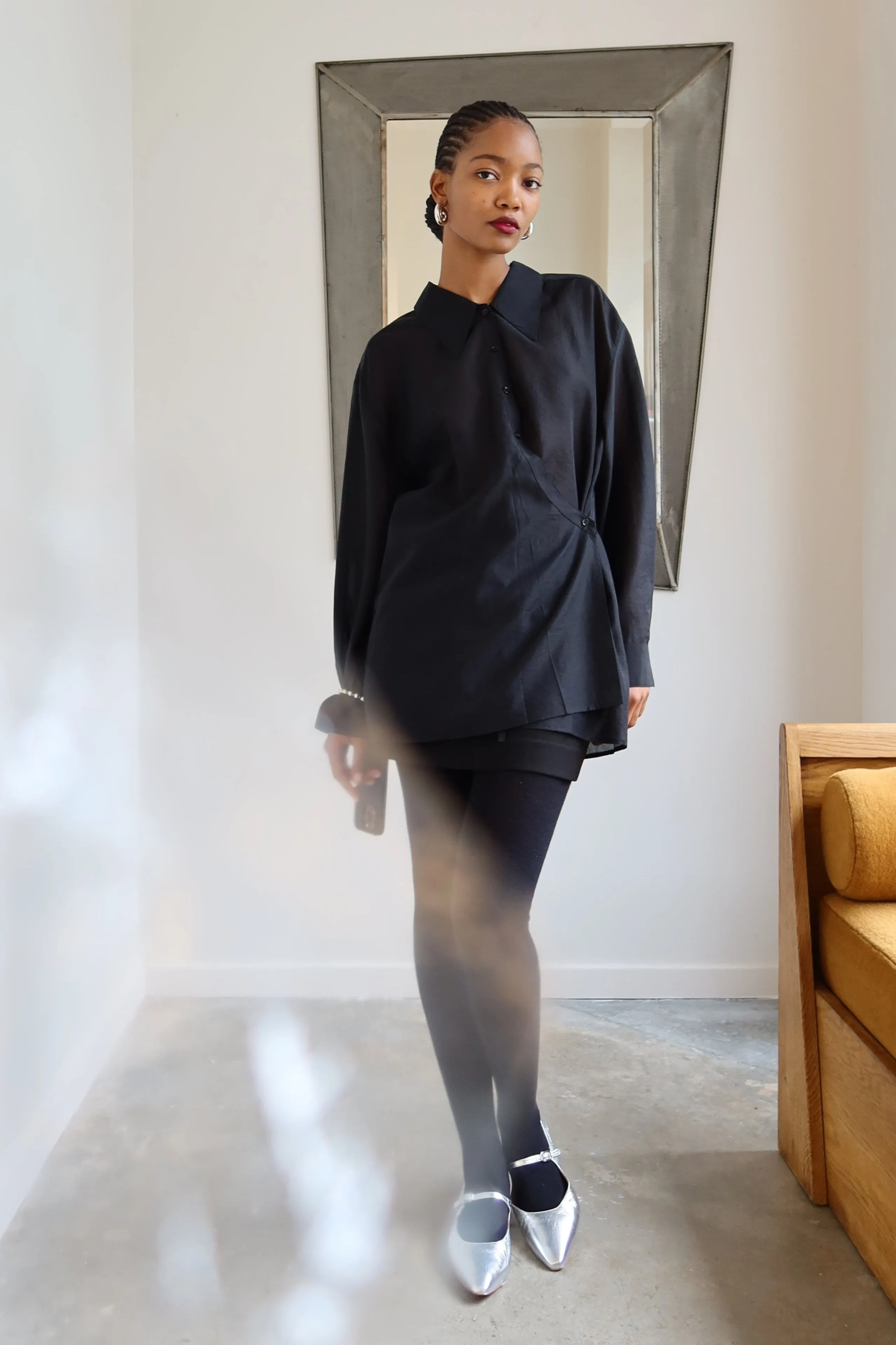 Black Organza Side Button Blouse