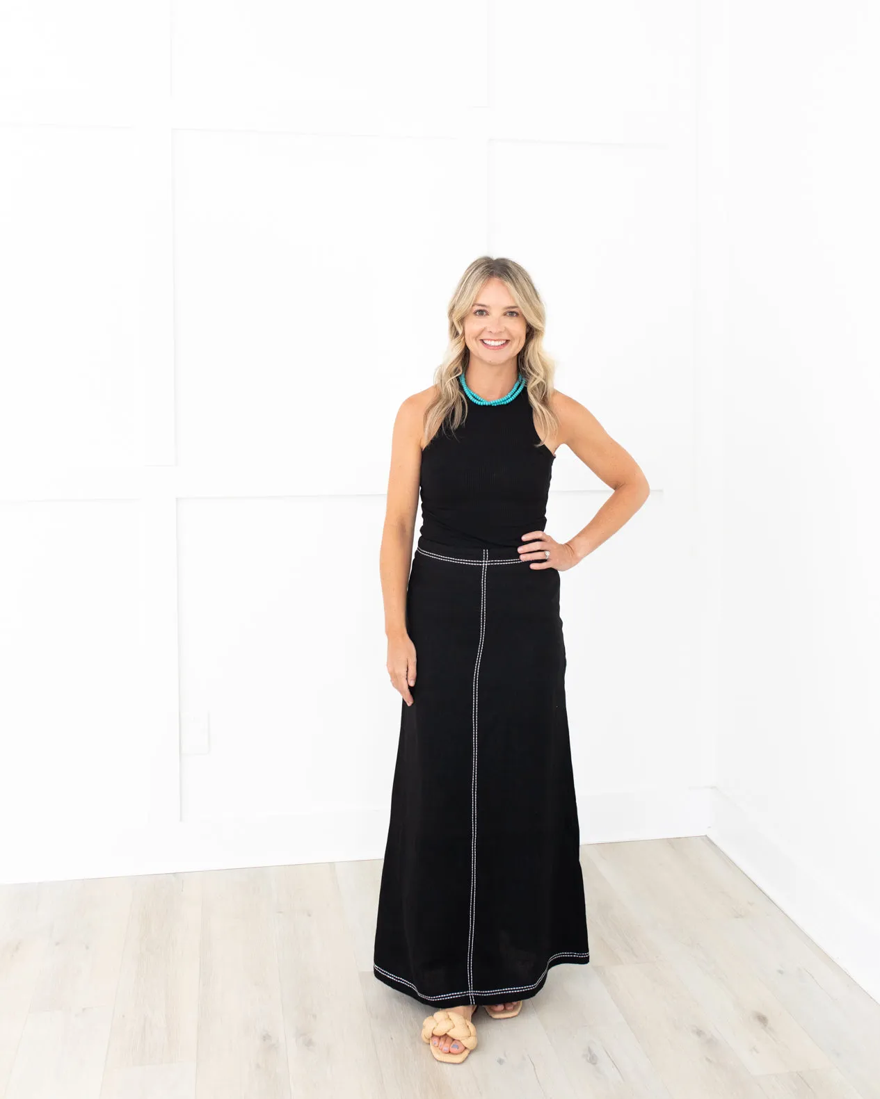 Black with White Stitching Linen Maxi Skirt