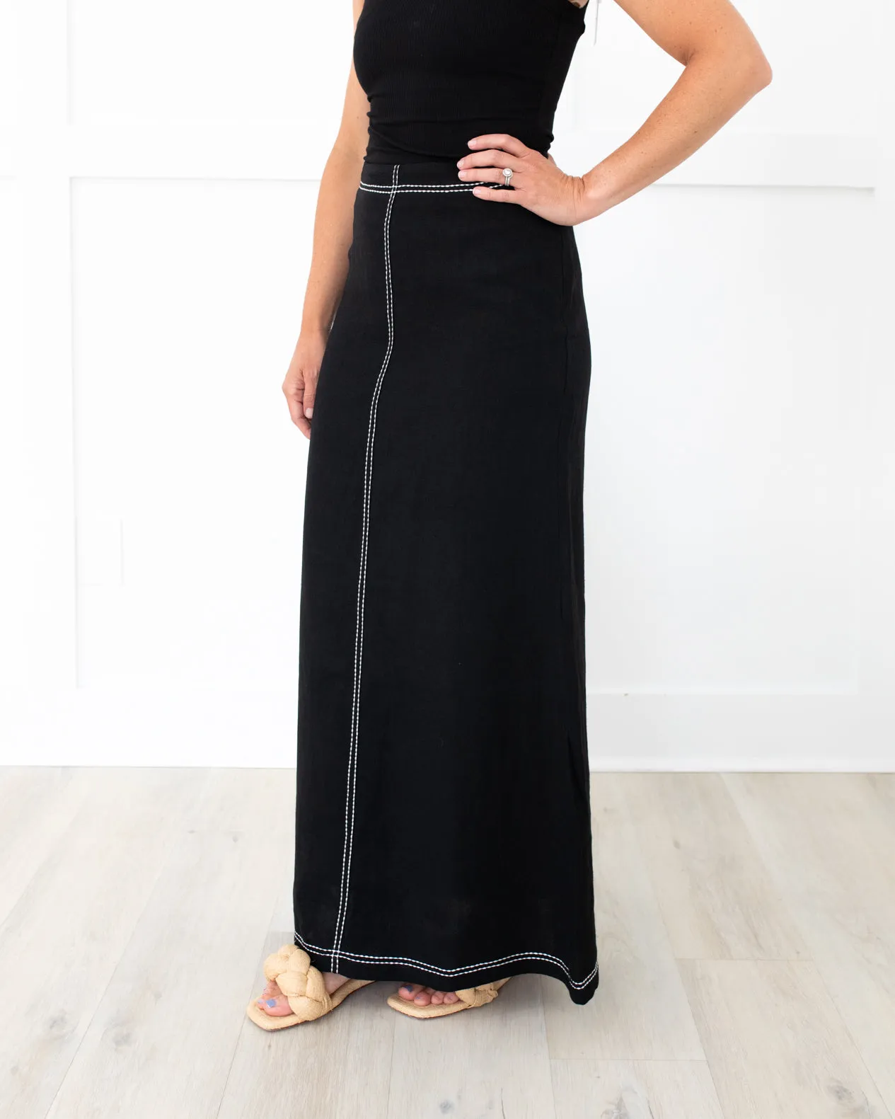 Black with White Stitching Linen Maxi Skirt