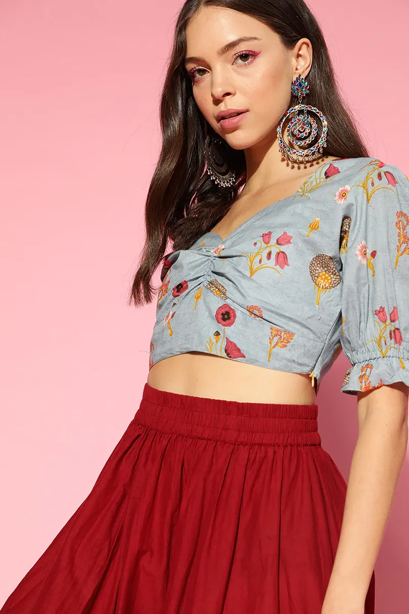 Blue Pure Cotton Floral Print Crop Top