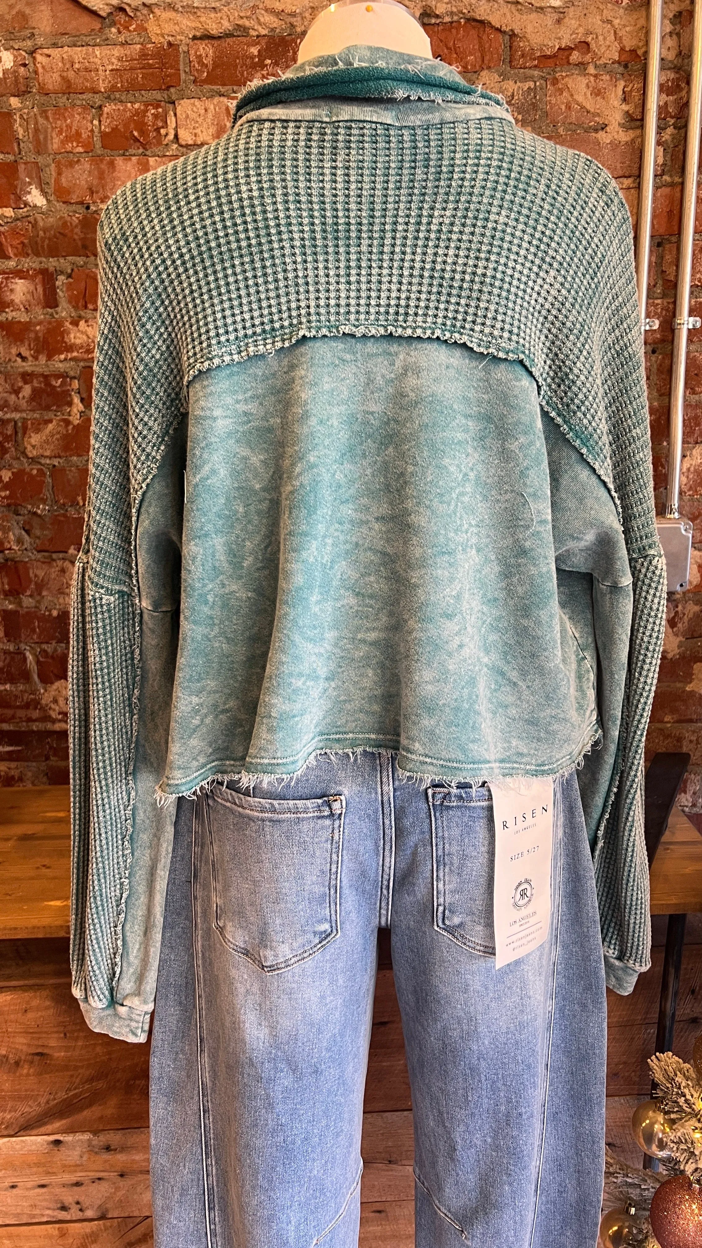 Blue Waffle Knit Cropped Jacket