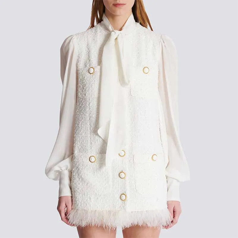 Bow Detail Feather-Trim Tweed Mini Dress in White