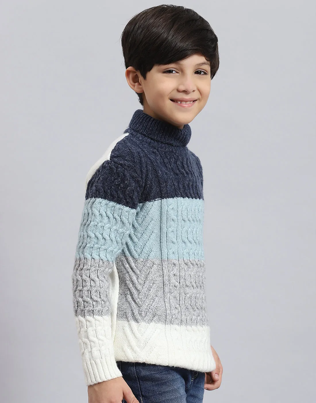 Boys Blue Self Design H Neck Full Sleeve Sweater