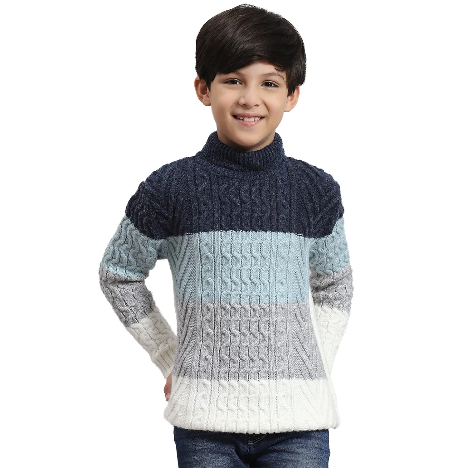 Boys Blue Self Design H Neck Full Sleeve Sweater