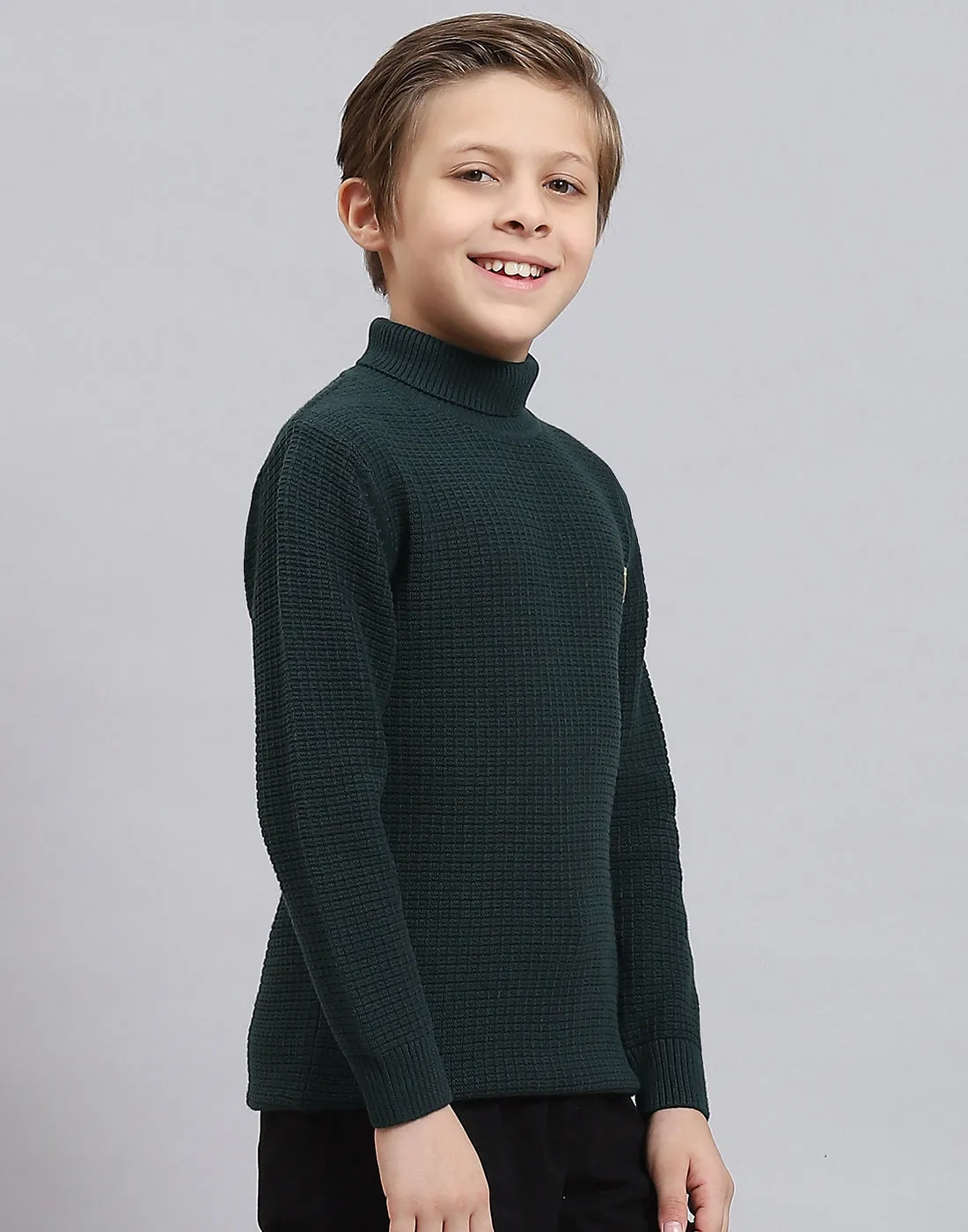 Boys Green Solid H Neck Full Sleeve Sweater