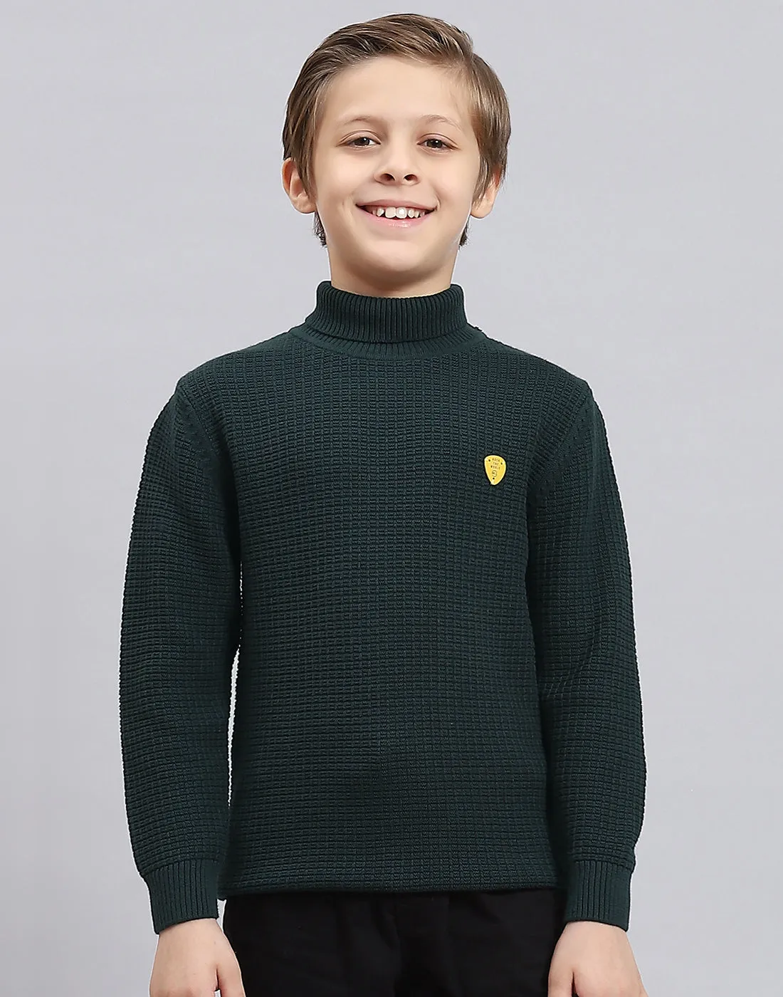 Boys Green Solid H Neck Full Sleeve Sweater