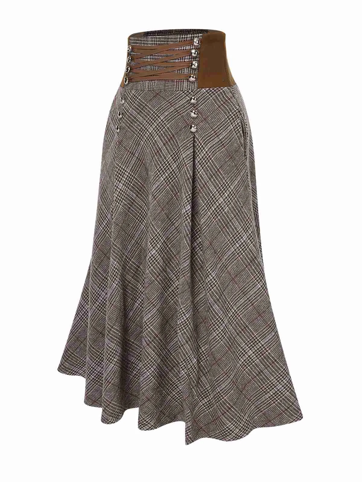 Brown 1970s Lace-Up Glen Plaid Skirt