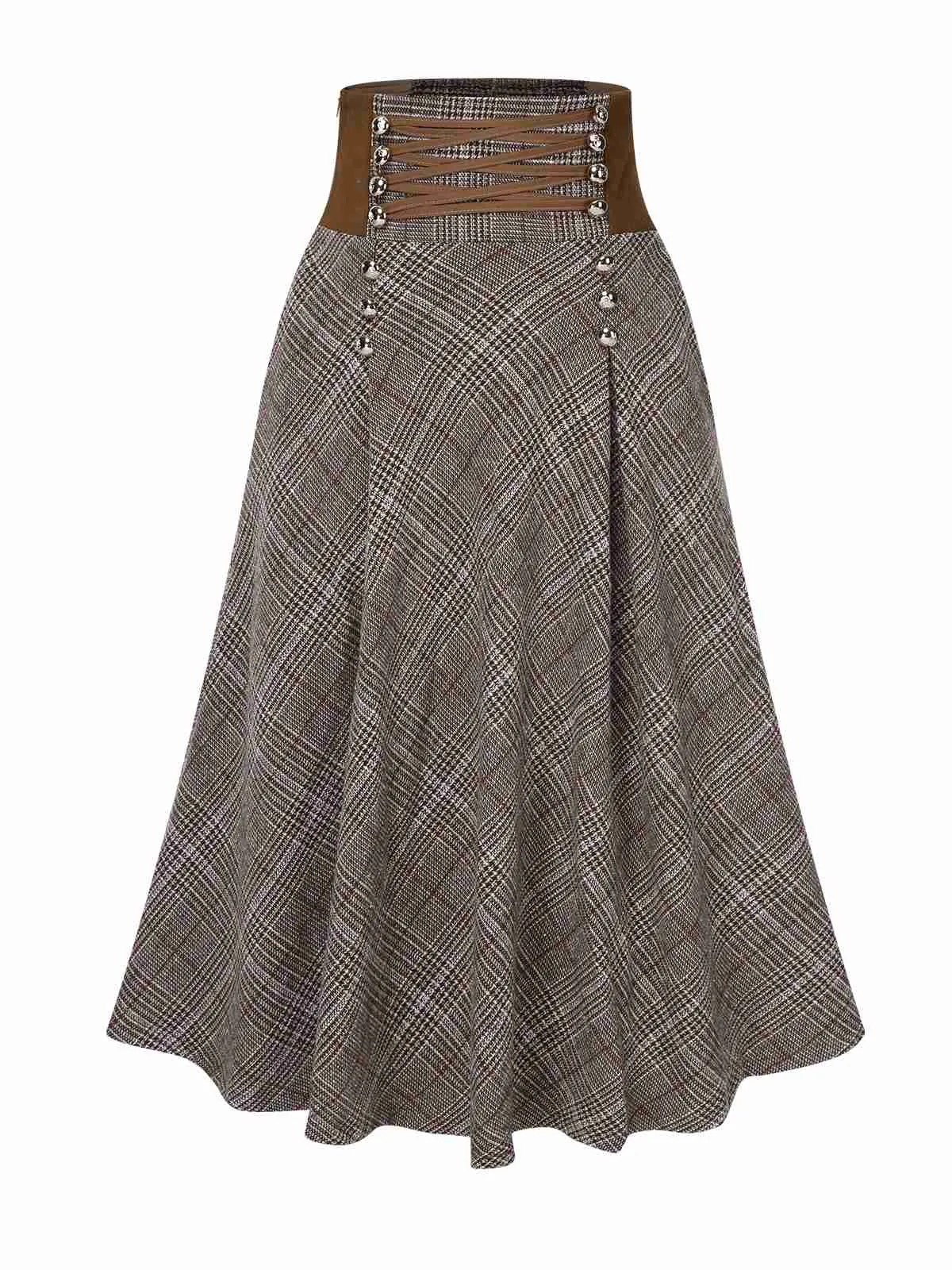 Brown 1970s Lace-Up Glen Plaid Skirt