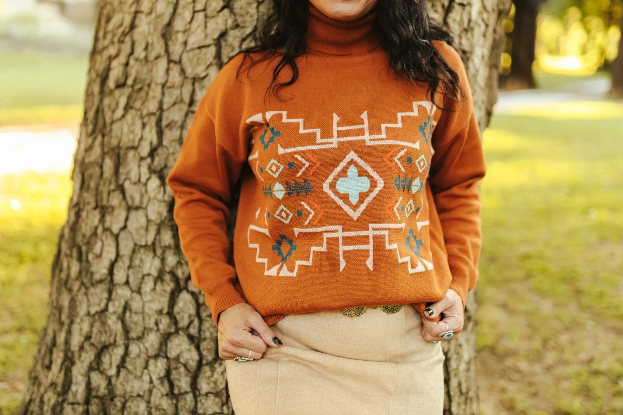 Brown Aztec Turtleneck Sweater