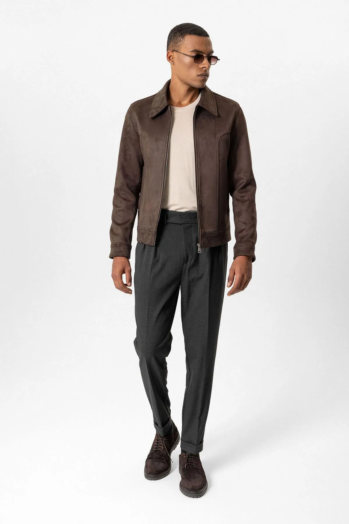 Brown Crop Fit Suede Men's Jacket - Wessi