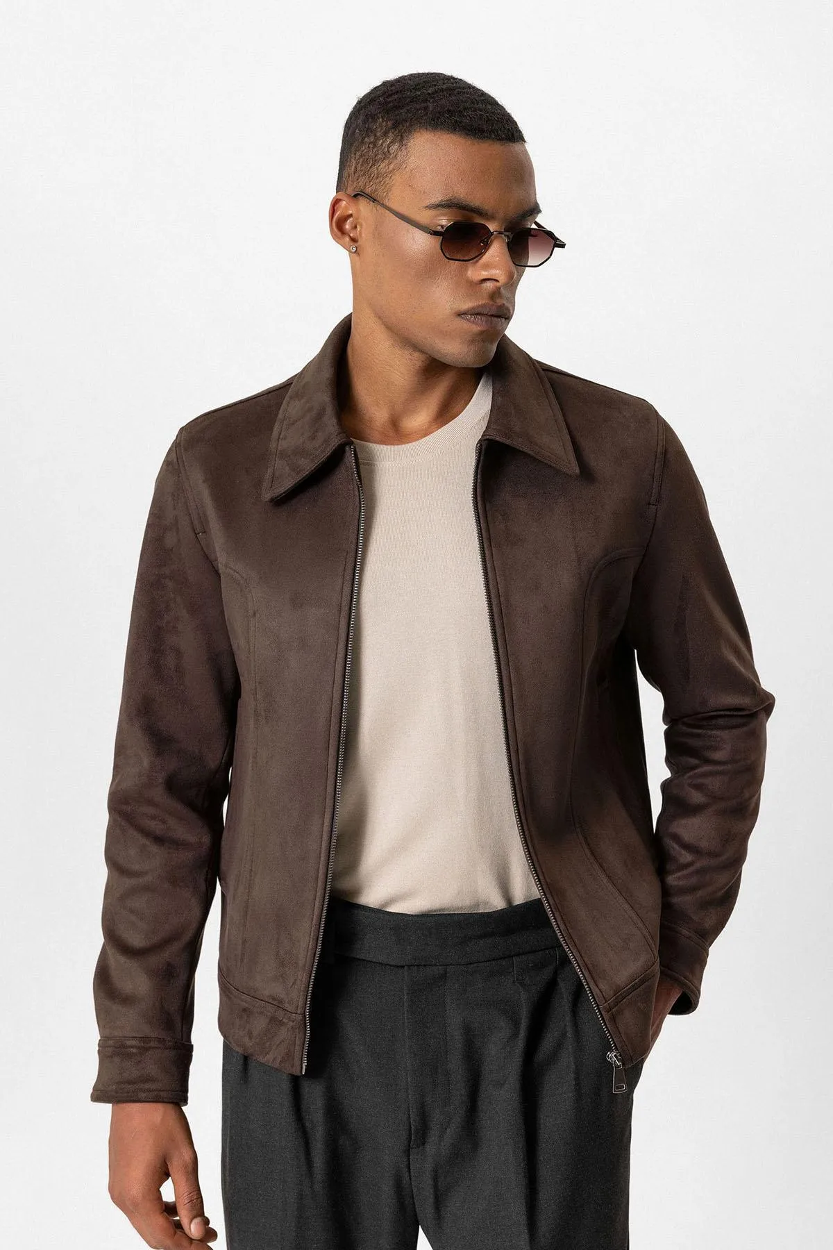 Brown Crop Fit Suede Men's Jacket - Wessi