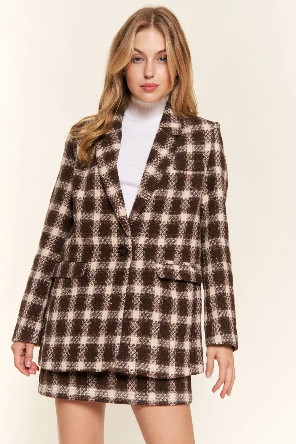 Brushed Plaid One Button Blazer in Brown