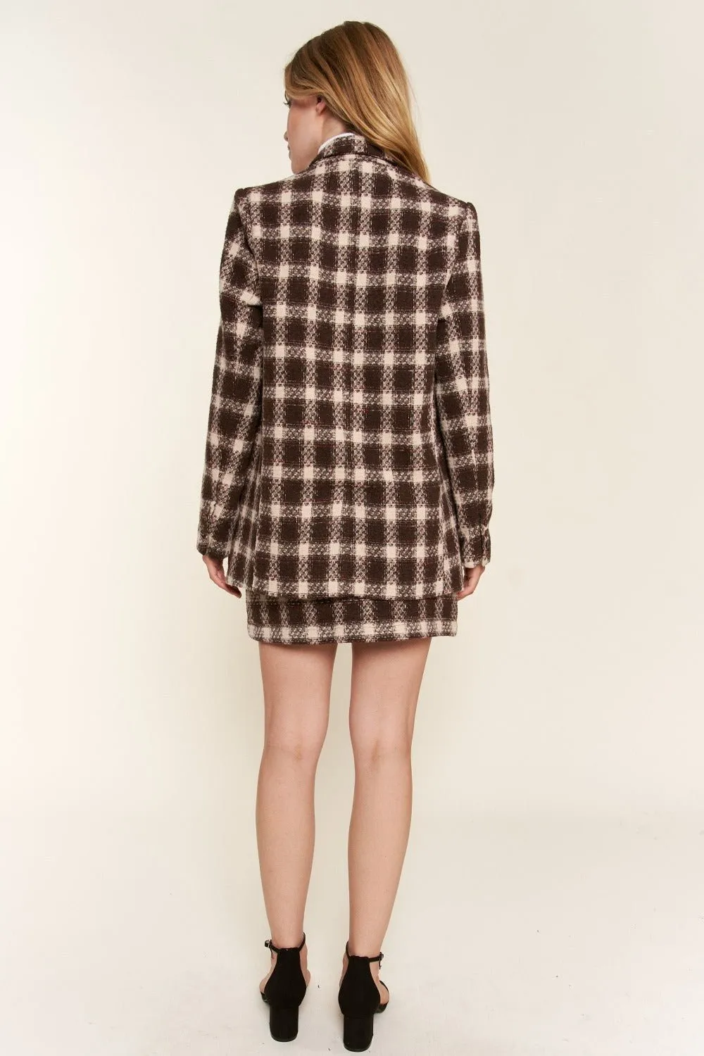 Brushed Plaid One Button Blazer in Brown