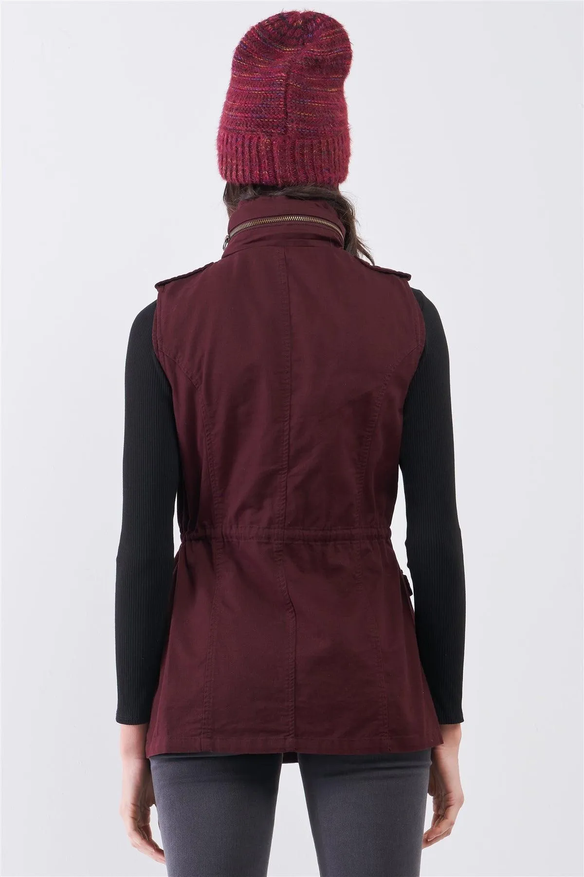 Burgundy Sleeveless Foldable Detachable Hood Detail Parka Utility Vest /2-3-1-1