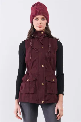 Burgundy Sleeveless Foldable Detachable Hood Detail Parka Utility Vest /2-3-1-1