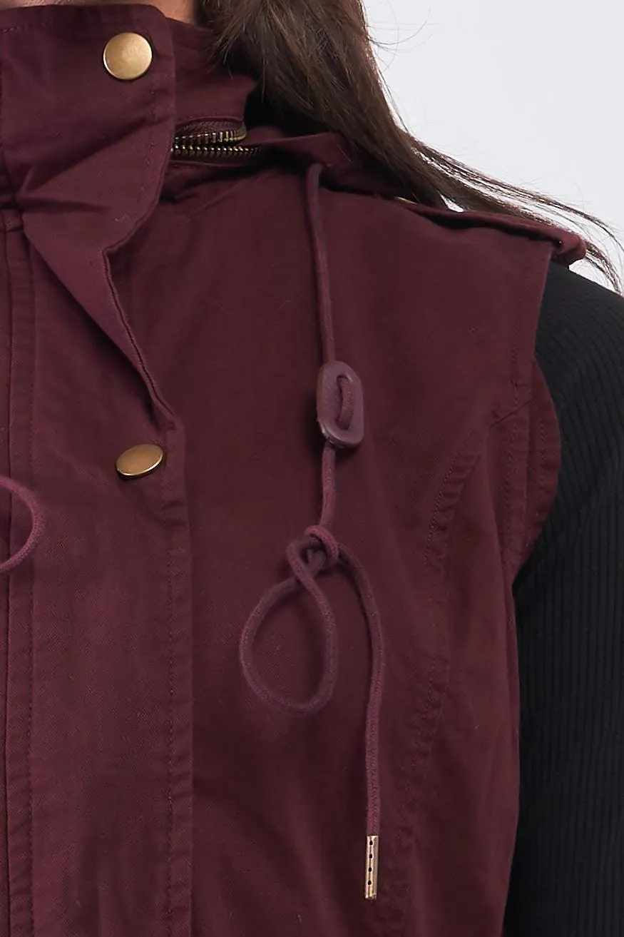 Burgundy Sleeveless Foldable Detachable Hood Detail Parka Utility Vest /2-3-1-1